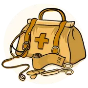 A medical bag, bandages, and scissors