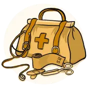 A medical bag, bandages, and scissors