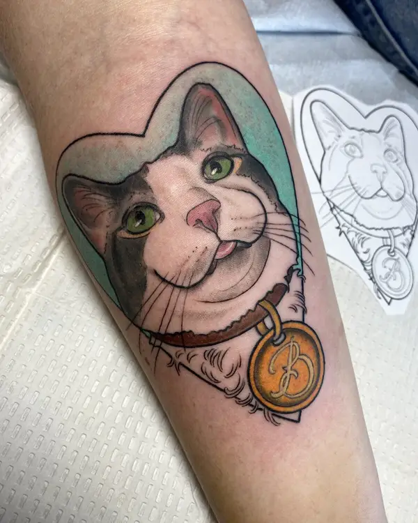 A neo-traditional portrait of a tuxedo cat with a gold tag