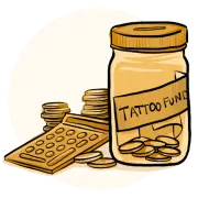 A jar labeled tattoo fund next to a calculator
