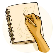 A hand sketching a design in a notebook