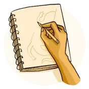 A hand sketching a design in a notebook