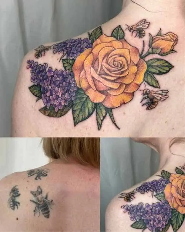 A floral cover-up of yellow roses, purple lilacs, and bees on an upper back, with before photos, by Jordan Joyes