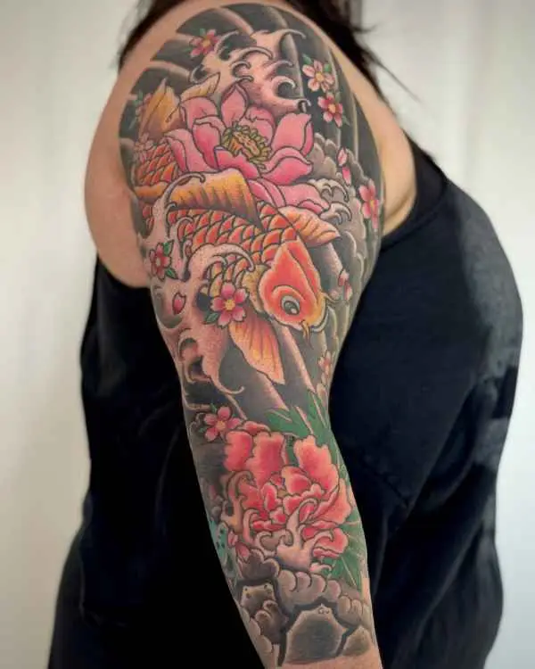 A Japanese-style color sleeve of an orange koi swimming through waves with peonies and cherry blossoms, by Shannon Moxie