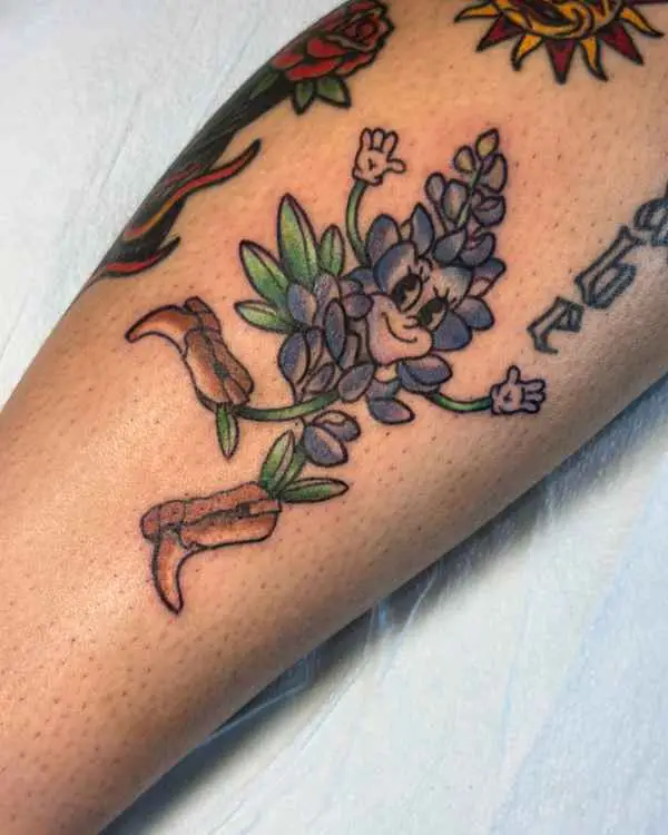 A color tattoo of a bluebonnet character in cowboy boots and white gloves, by Shannon Moxie