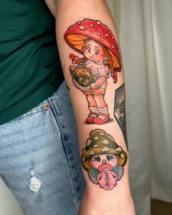Color tattoos of a girl in a mushroom hat holding a frog, and a crying clown in a mushroom hat, by Amanda Boyd