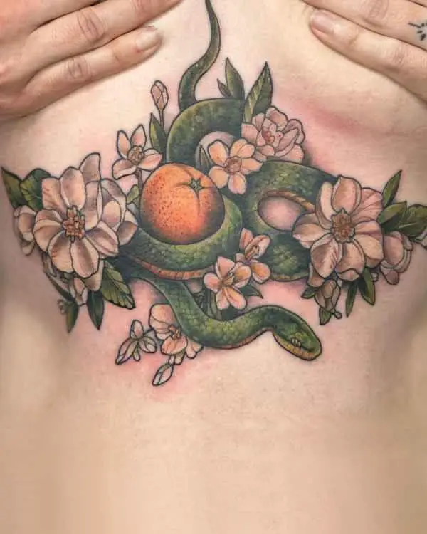 A color tattoo of a green snake coiled around an orange and pink blossoms, by Jordan Joyes