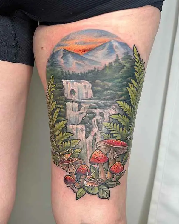 A color tattoo of a mountain waterfall with ferns, red mushrooms, a frog, and a snail, by Jordan Joyes